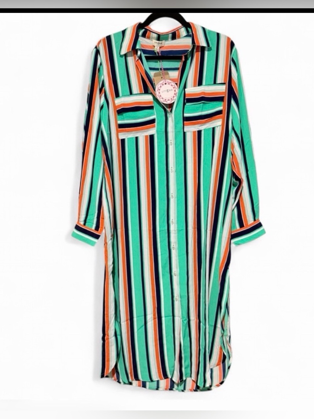 Striped Button-Down Shirt Dress in Teal and Navy
